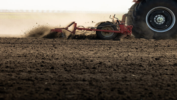 Close-up image of fertilizer on a field with a tractor at the back