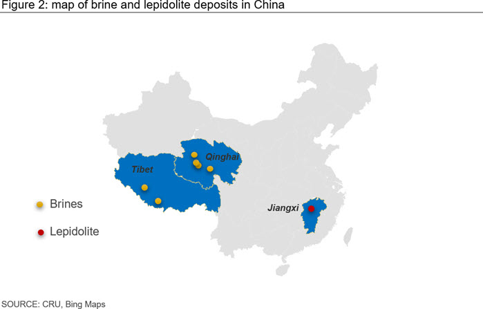 Figure 2: map of brine and lepidolite deposits in China