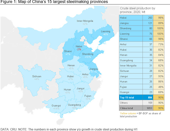 Figure 1: Map of China’s 15 largest steelmaking provinces